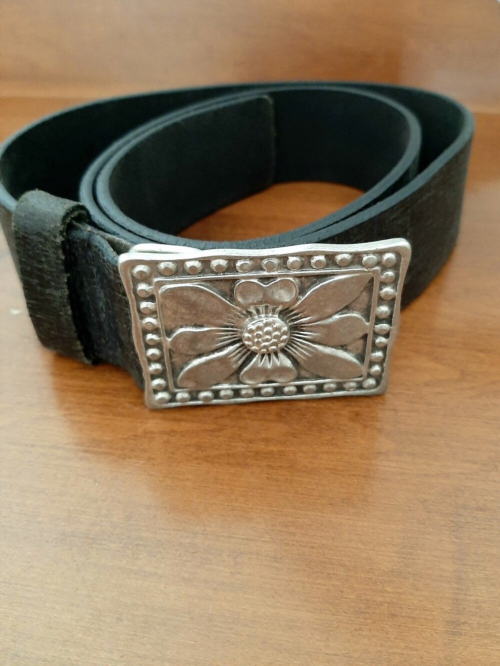 Whimsigoth Romantic Distressed Floral Buckle Black Leather Belt